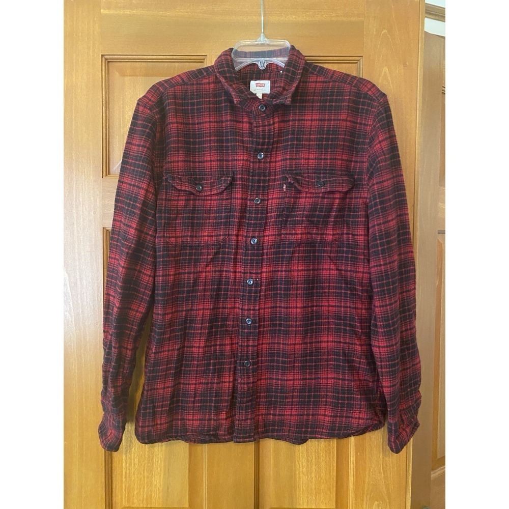Levis Shirt Mens Large Classic Worker Overshirt Long Sleeve Flannel Red Plaid